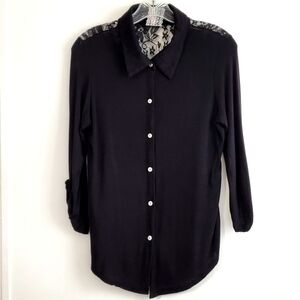 MAUVE Womens Black Collar Button Down Lace Blouse Size Medium